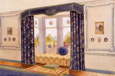Window seat encased by luxurious draperies, early 20th century